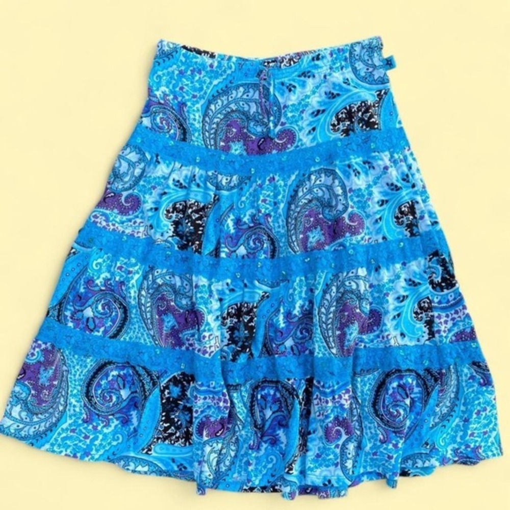 EverGirl‎ Blue Paisley Tiered Midi Skirt Sequin Lace Trim Y2K Girls L 14 YK0294